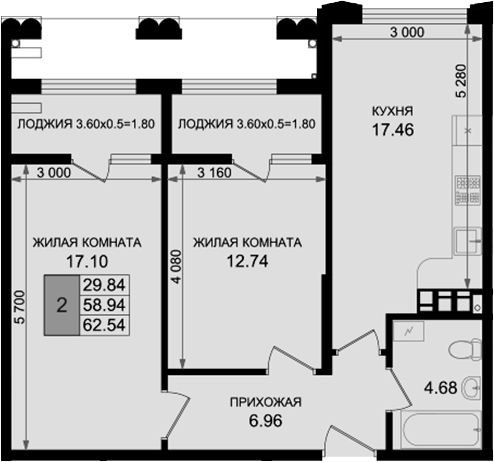 2-комн., 58.94 м², 7/8 этаж, ЖК «Резиденция морей»