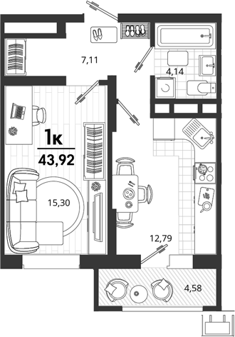 1-комн., 39.34 м², 16/18 этаж, ЖК «Родные Просторы»