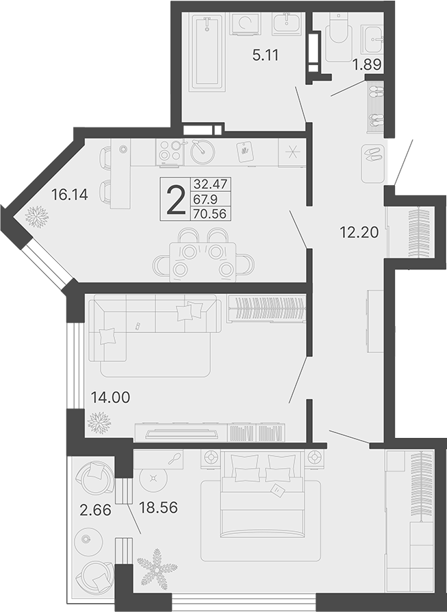 2-комн., 66.57 м², 4/20 этаж, ЖК «Светский лес»