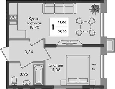 1-комн., 37.56 м², 2/9 этаж, ЖК «Зеленая территория»