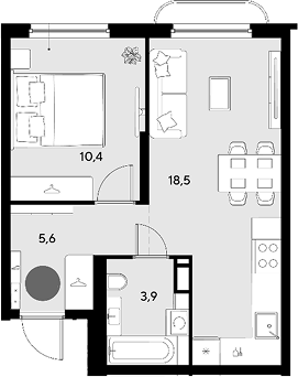 2-комн., 38.4 м², 6/9 этаж, ЖК «Грейд»
