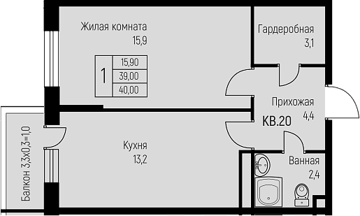 1-комн., 39 м², 3/3 этаж, ЖК «Nova Vita»