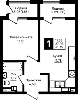 1-комн., 37.96 м², 9/9 этаж, ЖК «Резиденция морей»