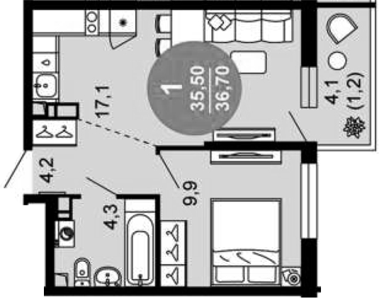2-комн., 35.5 м², 5/12 этаж, ЖК «Флора»