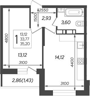 1-комн., 33.77 м², 16/16 этаж, ЖК «Смородина»