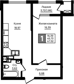 1-комн., 45.66 м², 5/18 этаж, ЖК «Резиденция морей»