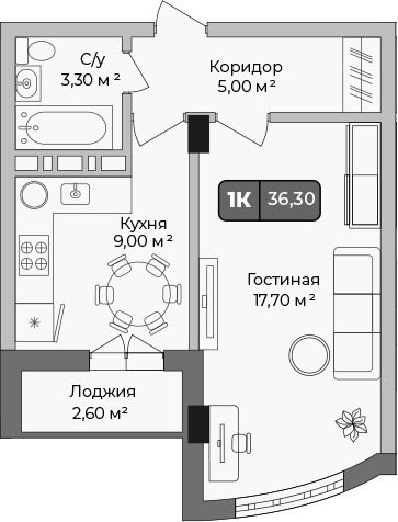 1-комн., 35 м², 2/9 этаж, ЖК «Опера»