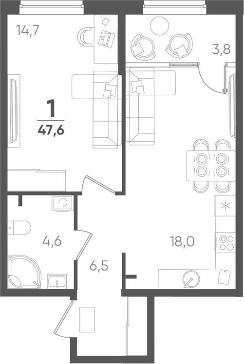 1-комн., 43.8 м², 2/9 этаж, ЖК «Барса»