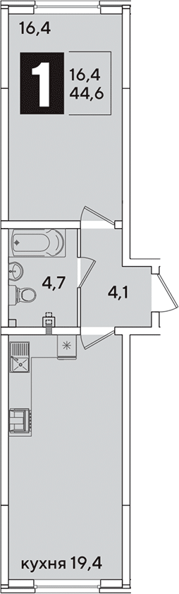 2-комн., 44.6 м², 2/16 этаж, ЖК «Самолет»