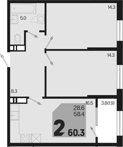 3-комн., 58.4 м², 5/18 этаж, ЖК «Первое место»