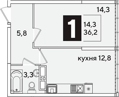 1-комн., 36.2 м², 16/16 этаж, ЖК «Самолет»