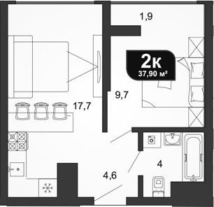 2-комн., 36 м², 16/19 этаж, ЖК «Сочи Парк»