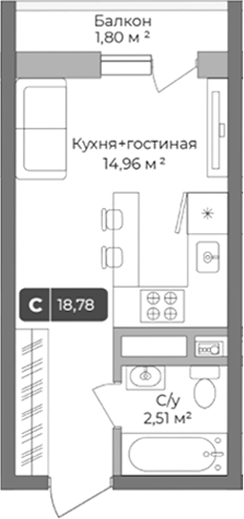 Студия, 18.24 м², 1/10 этаж, ЖК «Цитрус»