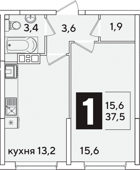 1-комн., 37.5 м², 5/16 этаж, ЖК «Самолет»