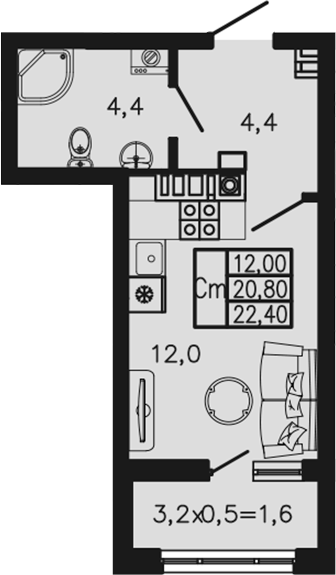 Студия, 20.8 м², 4/4 этаж, ЖК «Экосфера»