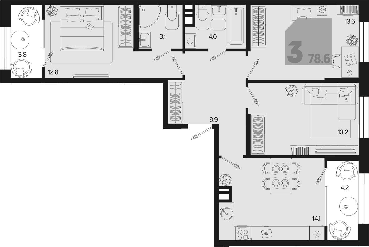 3-комн., 70.6 м², 9/9 этаж, ЖК «Первое место»