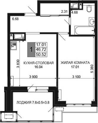 2-комн., 46.72 м², 15/16 этаж, ЖК «Сегодня»