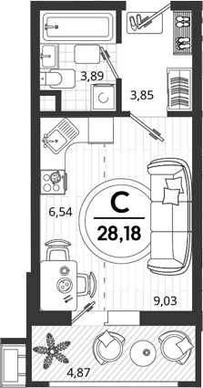 Студия, 23.31 м², 2/9 этаж, ЖК «Родные Просторы»