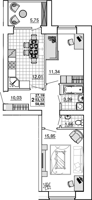 2-комн., 53.13 м², 1/5 этаж, ЖК «Новый Город. СЗ Премьерстрой»