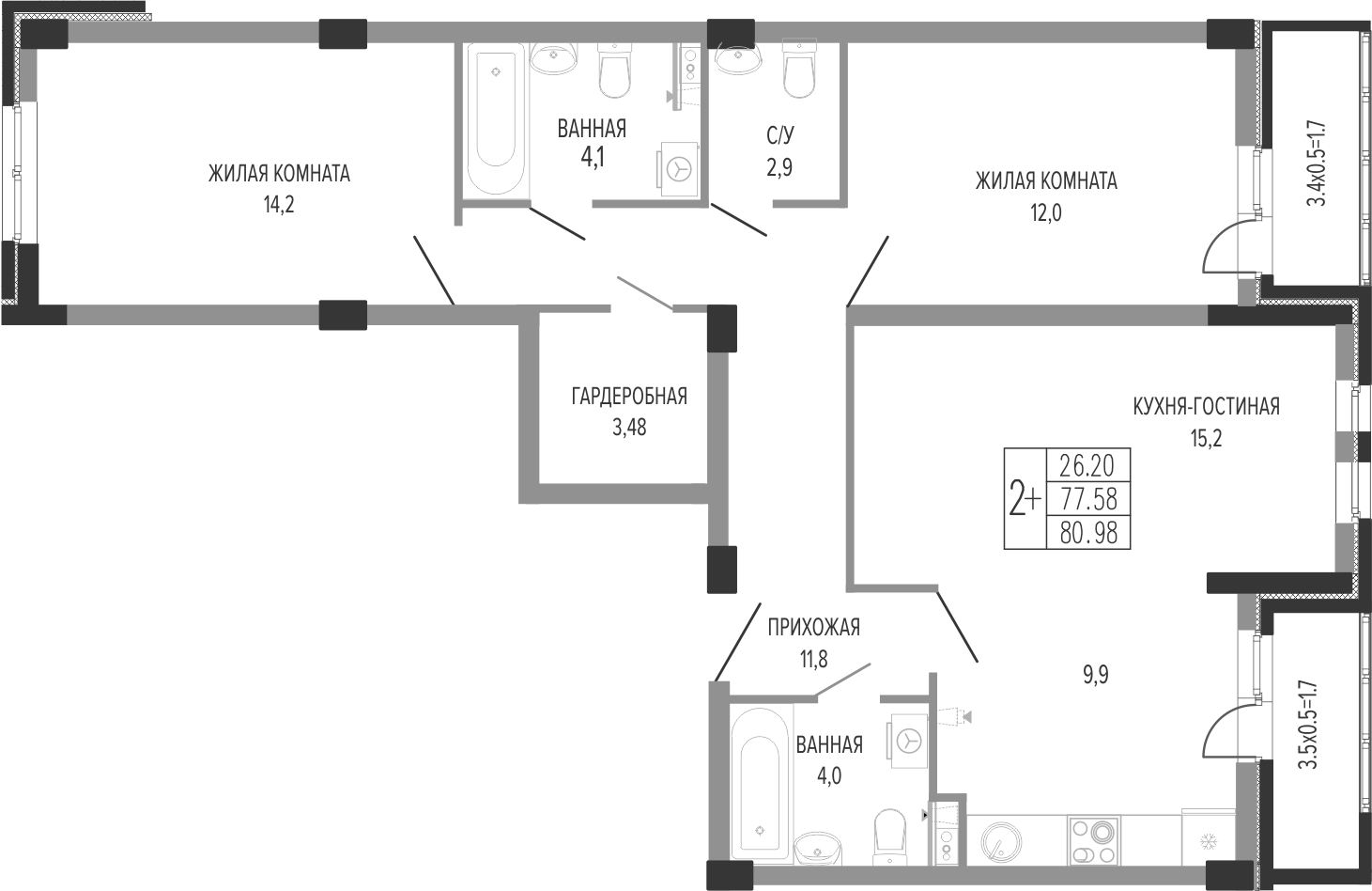 3-комн., 77.58 м², 6/7 этаж, ЖК «Екатерининский парк»