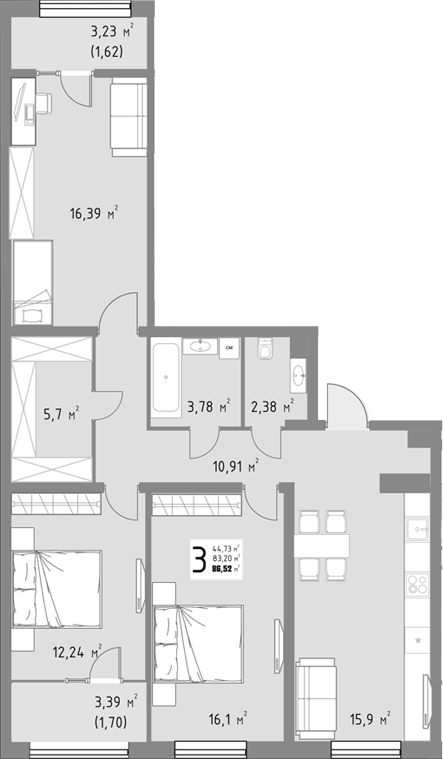 3-комн., 83.2 м², 5/9 этаж, ЖК «Коллекция»