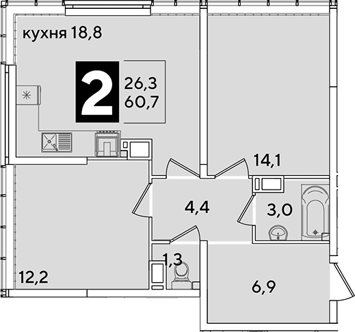 3-комн., 60.7 м², 15/16 этаж, ЖК «Самолет»