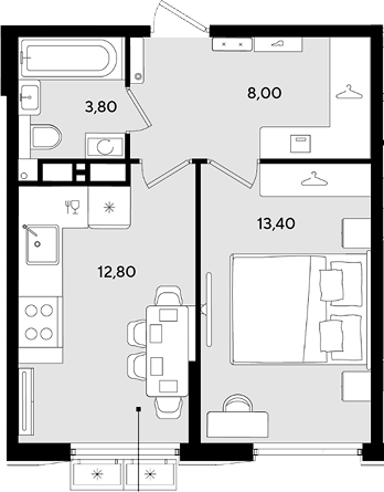 1-комн., 38 м², 14/18 этаж, ЖК «Порто-Ново»