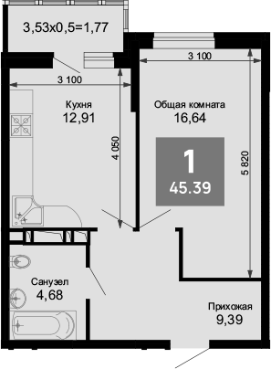 1-комн., 43.62 м², 8/15 этаж, ЖК «Лучший»