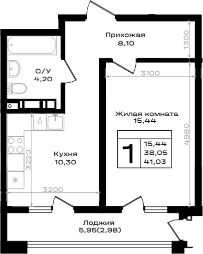 1-комн., 38.05 м², 3/9 этаж, ЖК «ЮЖНО»