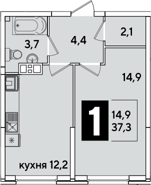1-комн., 37.3 м², 6/16 этаж, ЖК «Самолет»
