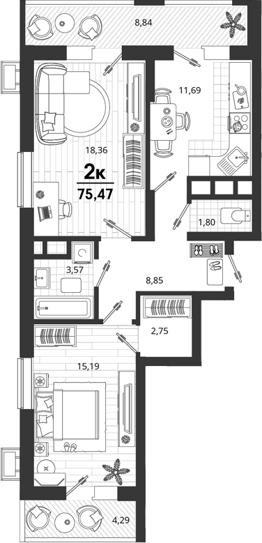 2-комн., 62.34 м², 16/18 этаж, ЖК «Родные Просторы»
