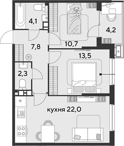 3-комн., 60.4 м², 7/9 этаж, ЖК «Парк Победы»