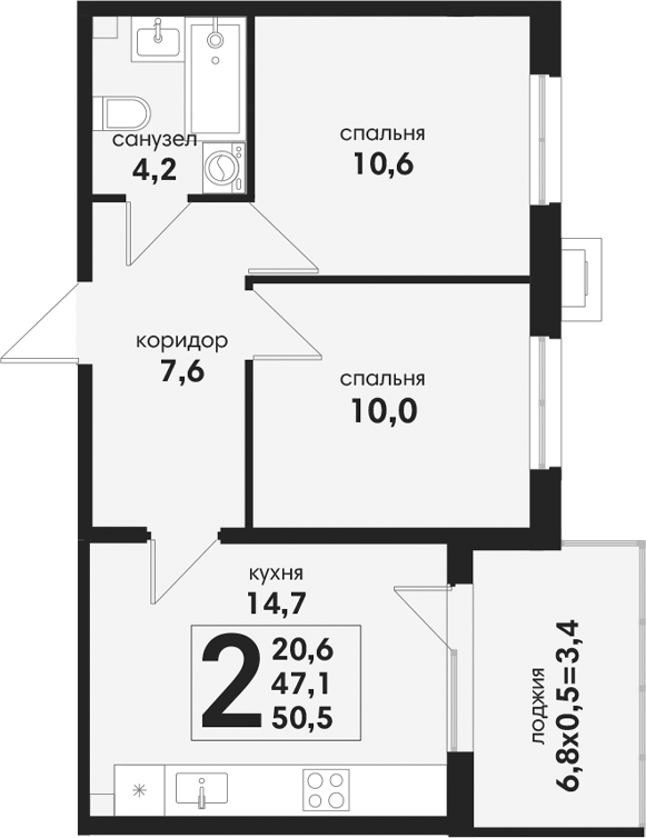 2-комн., 47.1 м², 1/4 этаж, ЖК «Новая Елизаветка»