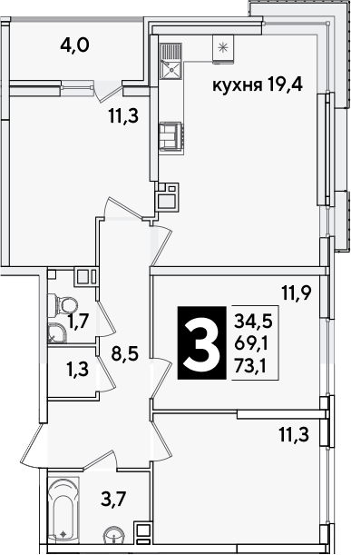 4+ комнаты, 69.1 м², 2/16 этаж, ЖК «Самолет»