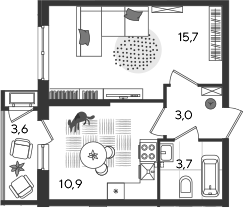 1-комн., 33.3 м², 2/24 этаж, ЖК «Рекорд»