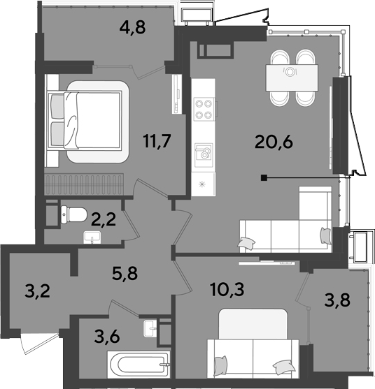 3-комн., 57.3 м², 18/18 этаж, ЖК «Парк Победы»