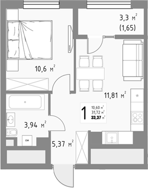 1-комн., 31.72 м², 8/9 этаж, ЖК «Коллекция»