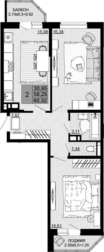 2-комн., 58.25 м², 2/12 этаж, ЖК «Дружба»