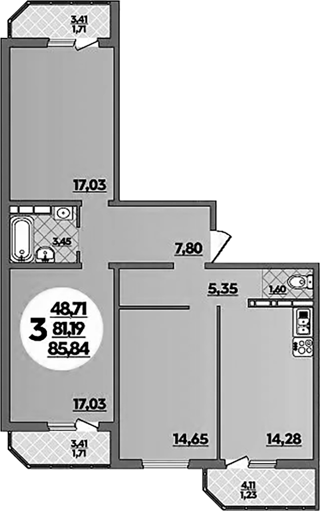 3-комн., 81.19 м², 1/16 этаж, ЖК «Восточный. Квартал №6»