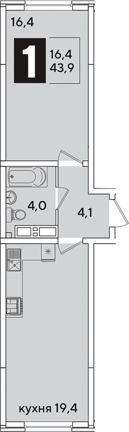 2-комн., 43.9 м², 10/16 этаж, ЖК «Самолет»
