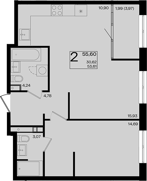 2-комн., 53.61 м², 11/18 этаж, ЖК «Патрики»