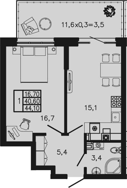 1-комн., 40.6 м², 1/4 этаж, ЖК «Экосфера»