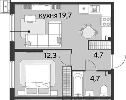 2-комн., 41.4 м², 2/9 этаж, ЖК «Парк Победы»