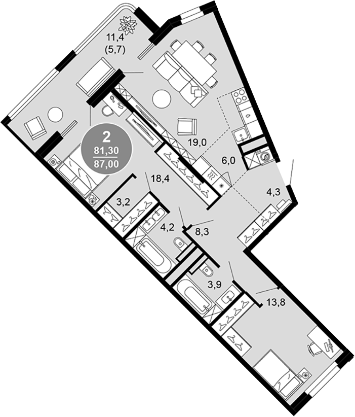 3-комн., 81.3 м², 2/4 этаж, ЖК «Клубный дом премиум класса Моретта»