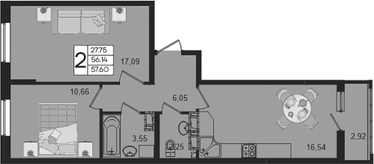 2-комн., 56.14 м², 11/18 этаж, ЖК «Дом 101»