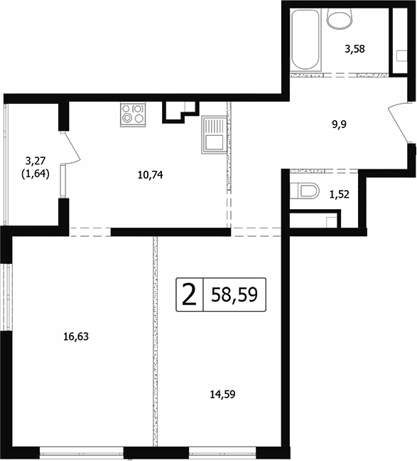 Продается 2-комн. квартира, 55.86 м²