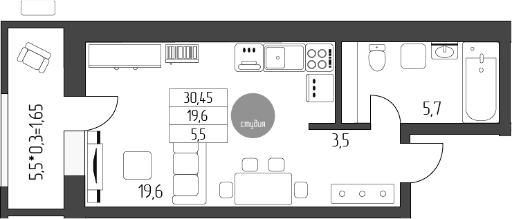 Студия, 28.8 м², 5/5 этаж, ЖК «Лермонтов»