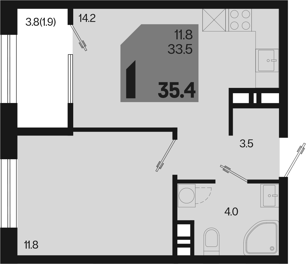 1-комн., 33.5 м², 3/9 этаж, ЖК «Первое место»