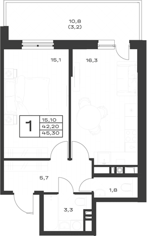 1-комн., 42.1 м², 1/4 этаж, ЖК «ЭкоСфера. ГК Во-первых»