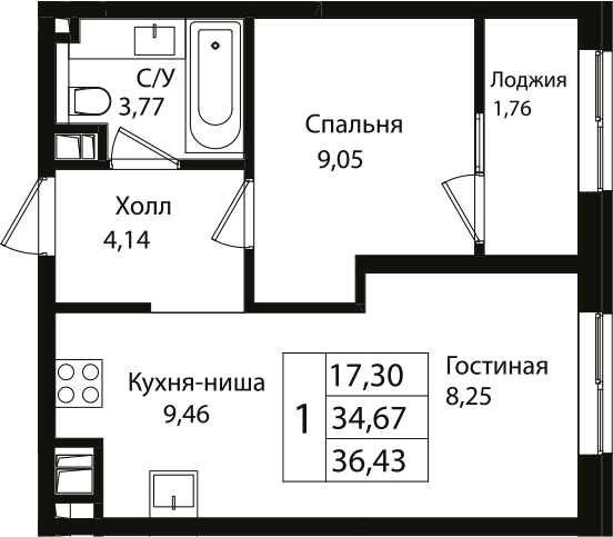 2-комн., 34.67 м², 9/12 этаж, ЖК «Патрики»
